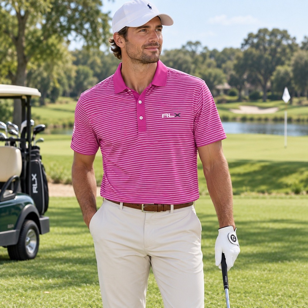 RLX Ralph Lauren Mens Pink White Striped Golf Polo Shirt XL Performance Sport